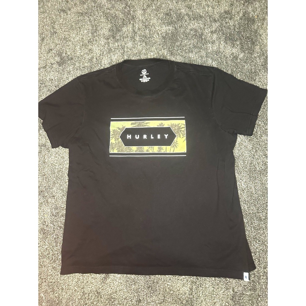 Hurley Mens XXL Black Palm Tree Graphic T Shirt Surf Skate Beach Logo Tee 2XL